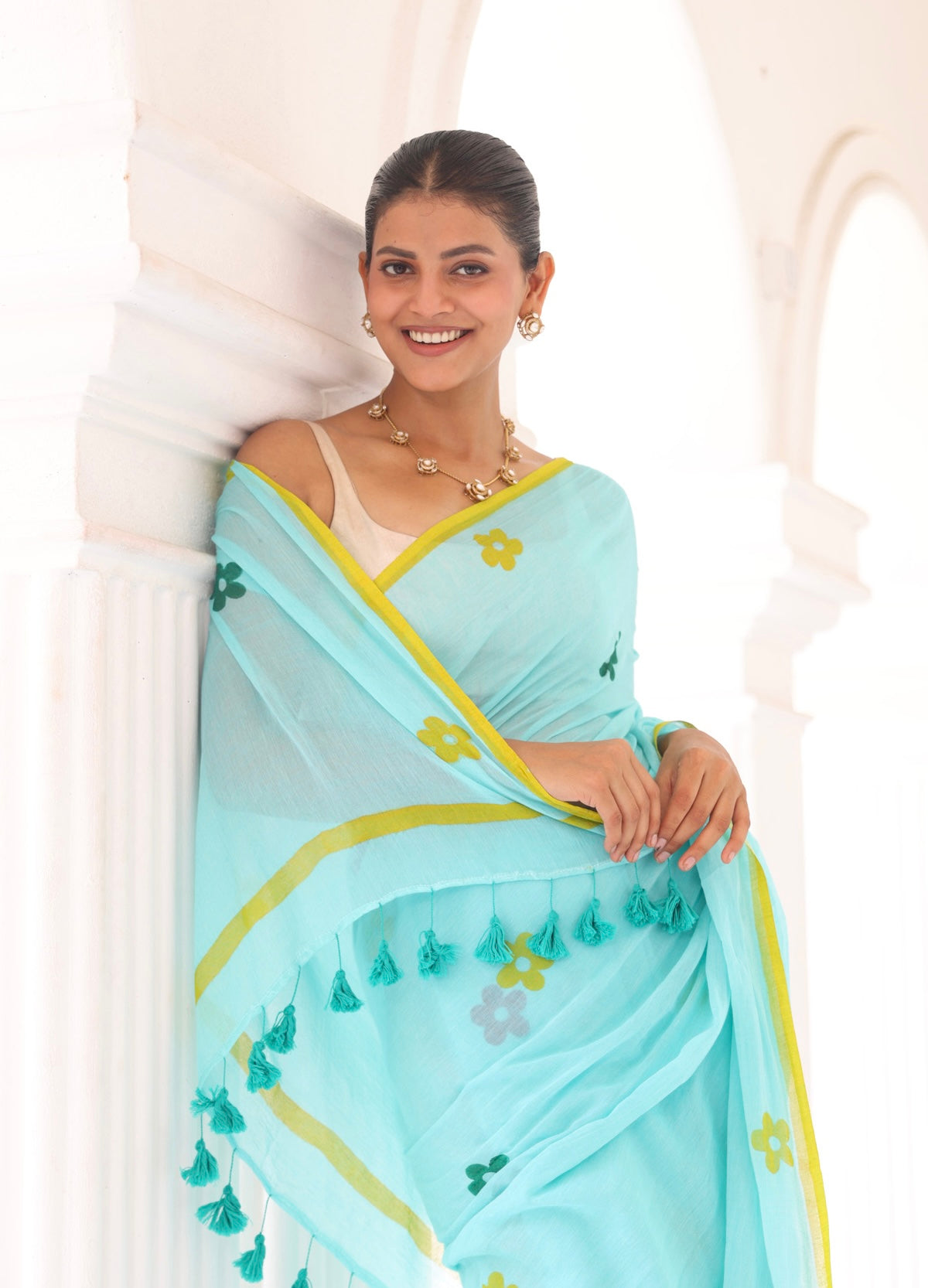 Seafoam handprinted mulmul cotton saree