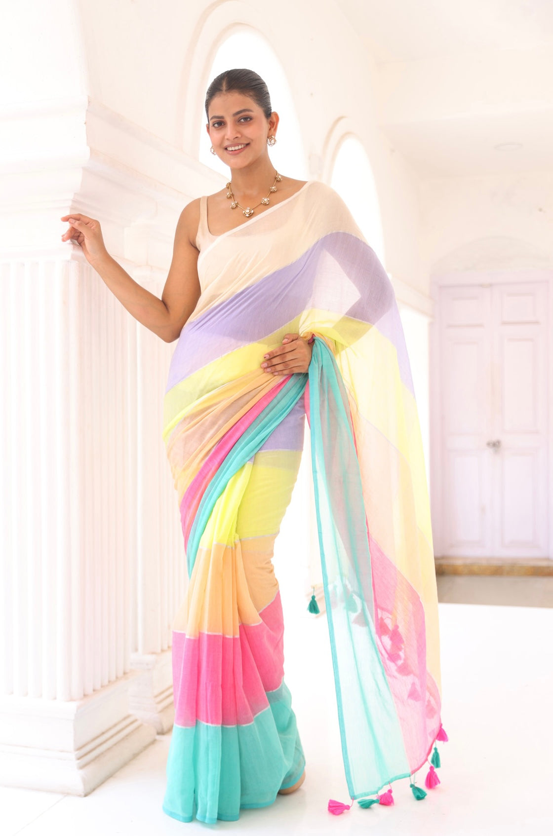 Multicoloured Pure Mul Cotton Saree