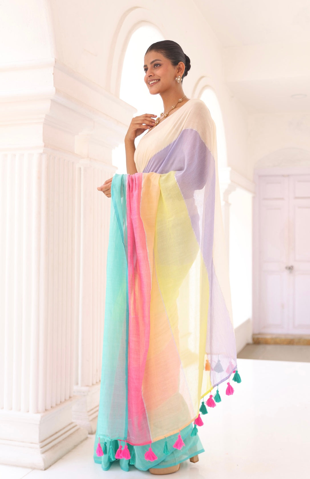 Multicoloured Pure Mul Cotton Saree