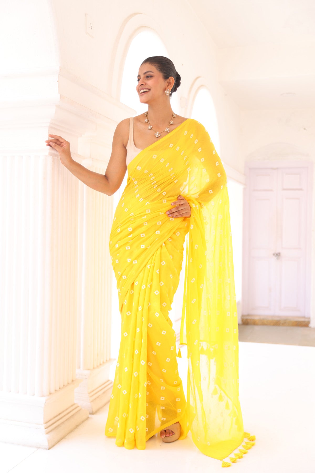 Yellow handprinted mulmul cotton saree