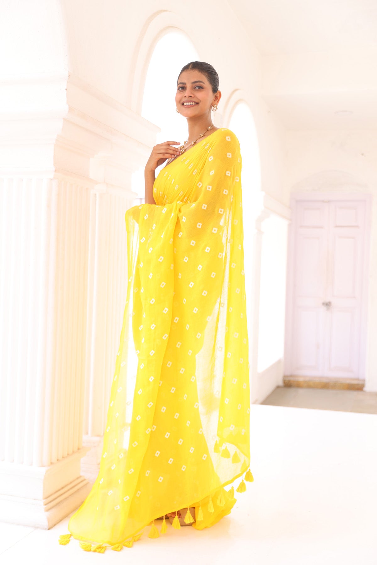 Yellow handprinted mulmul cotton saree