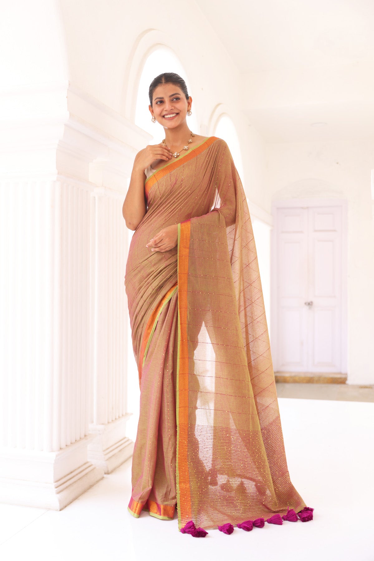 Caramel pure mulmul mul cotton sequence work saree