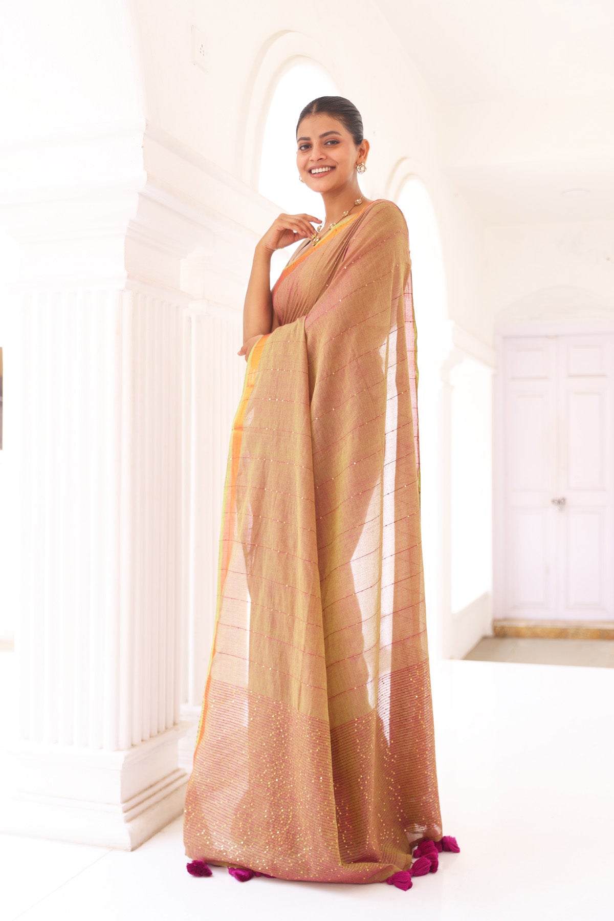 Caramel pure mulmul mul cotton sequence work saree