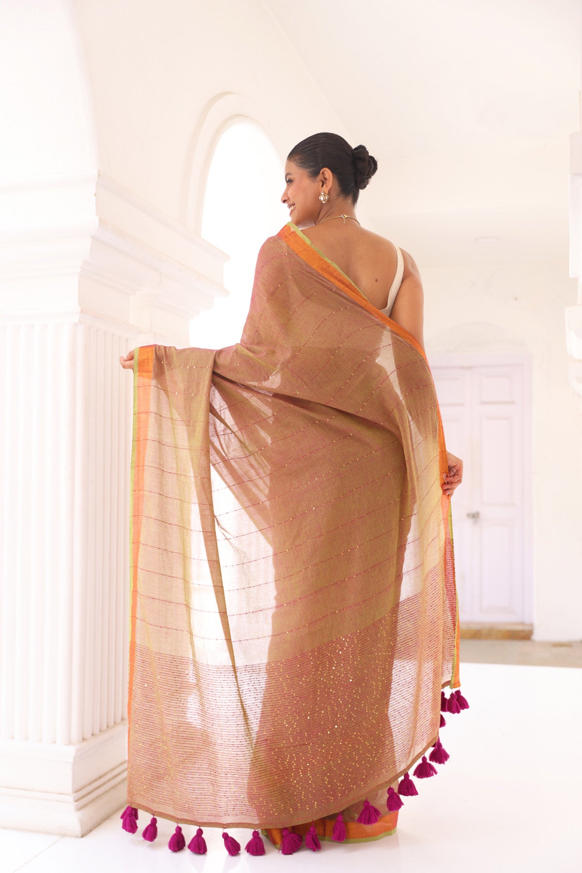 Caramel pure mulmul mul cotton sequence work saree