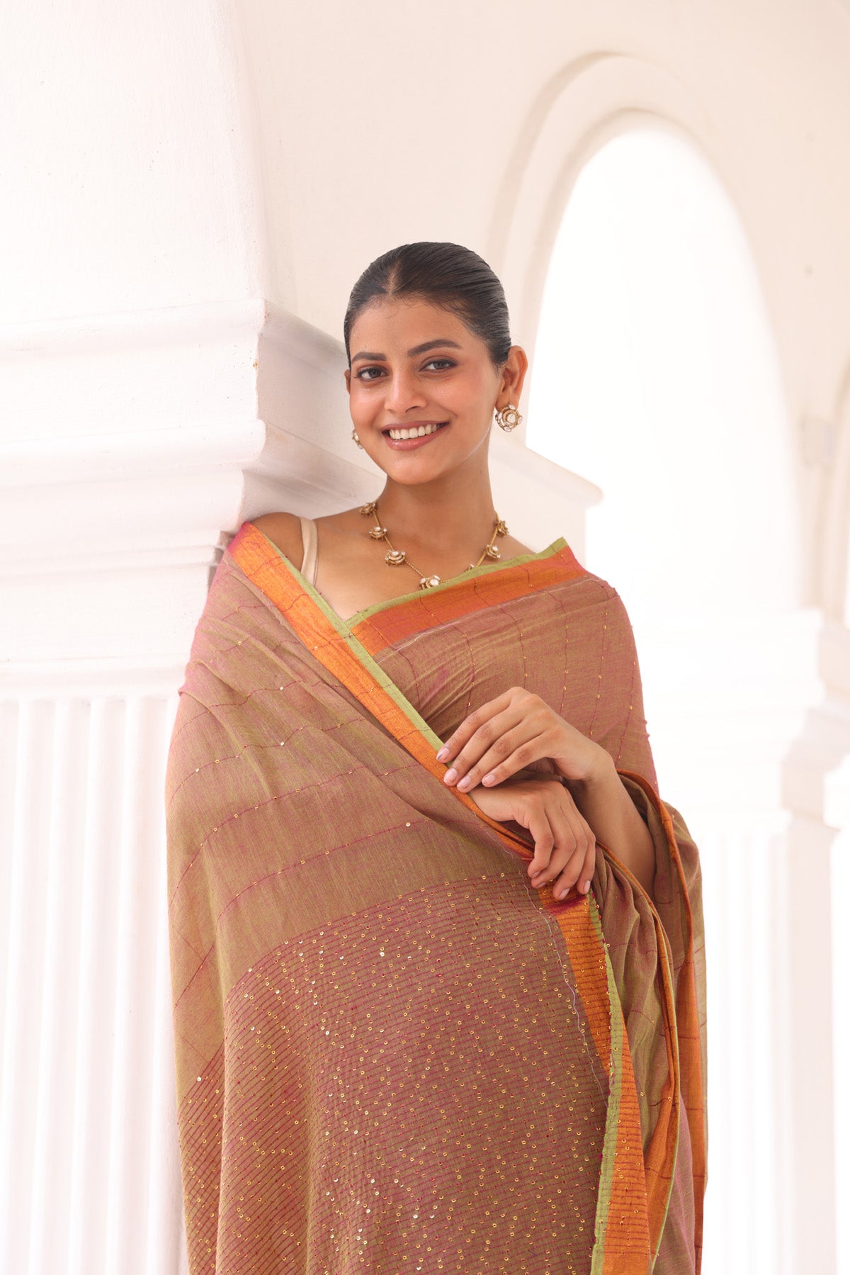 Caramel pure mulmul mul cotton sequence work saree