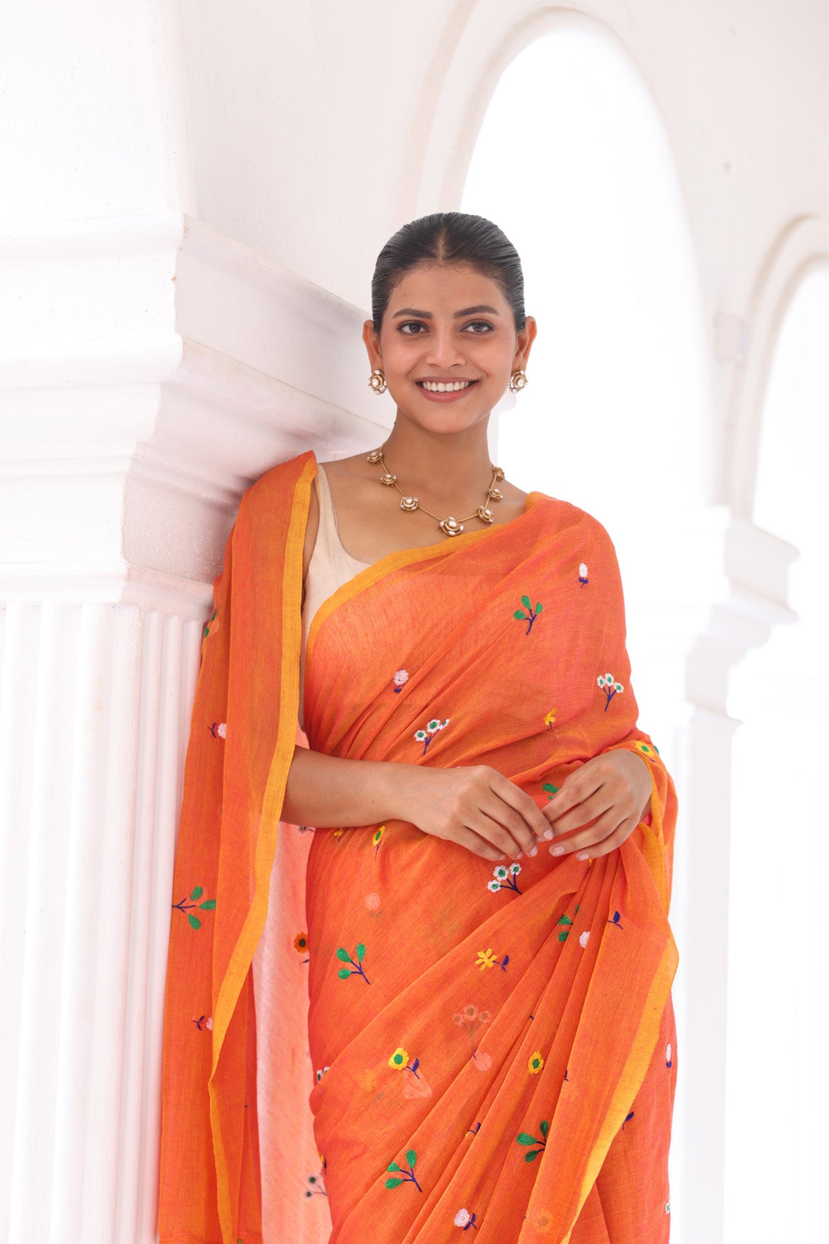 Orange Embroidered Mulmul Cotton Saree