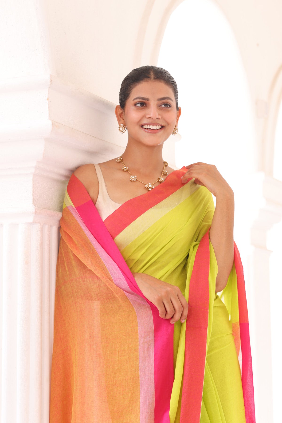 Light green & Rani mulmul cotton saree