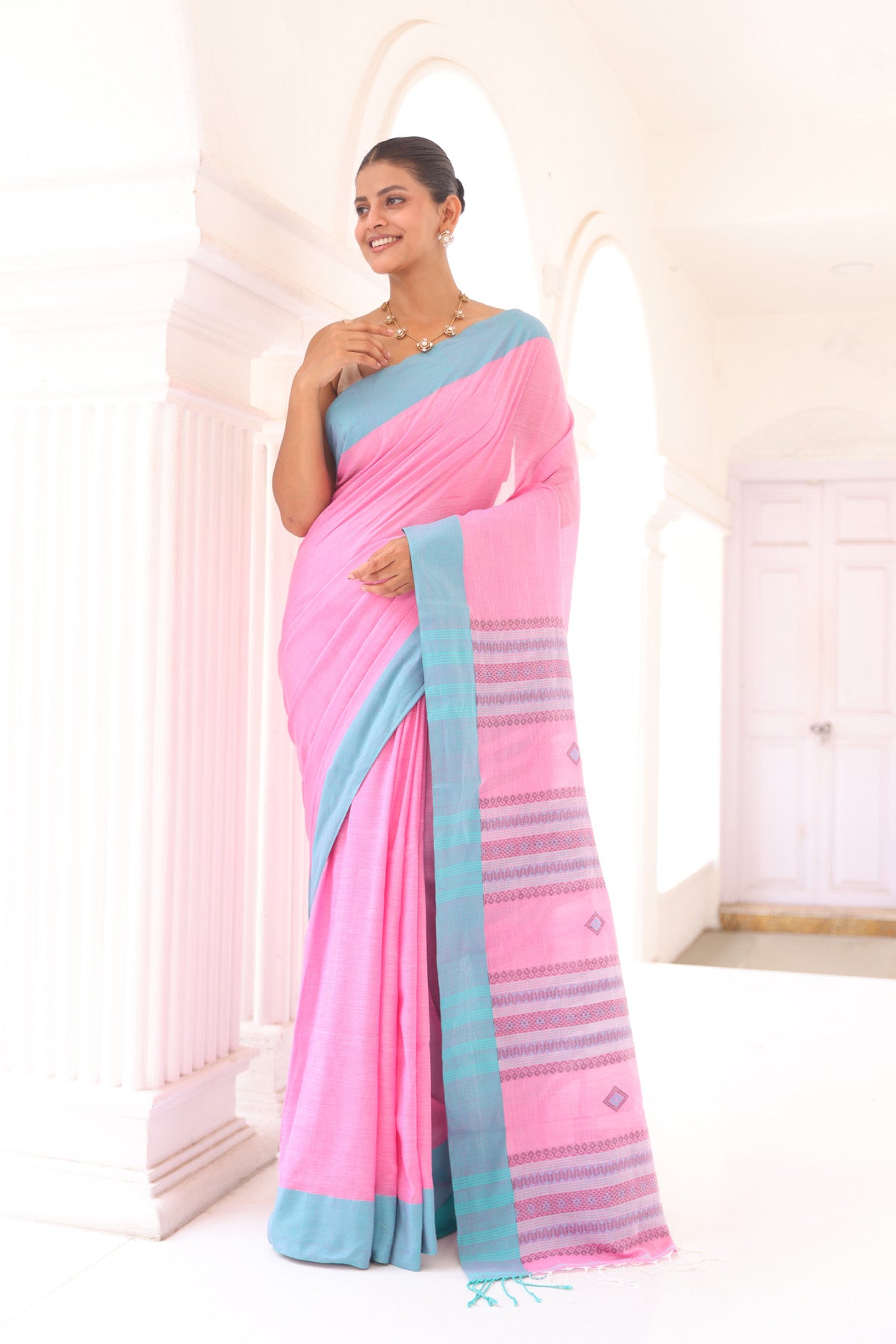Pink Assam Cotton Handweaving Saree with blouse piece