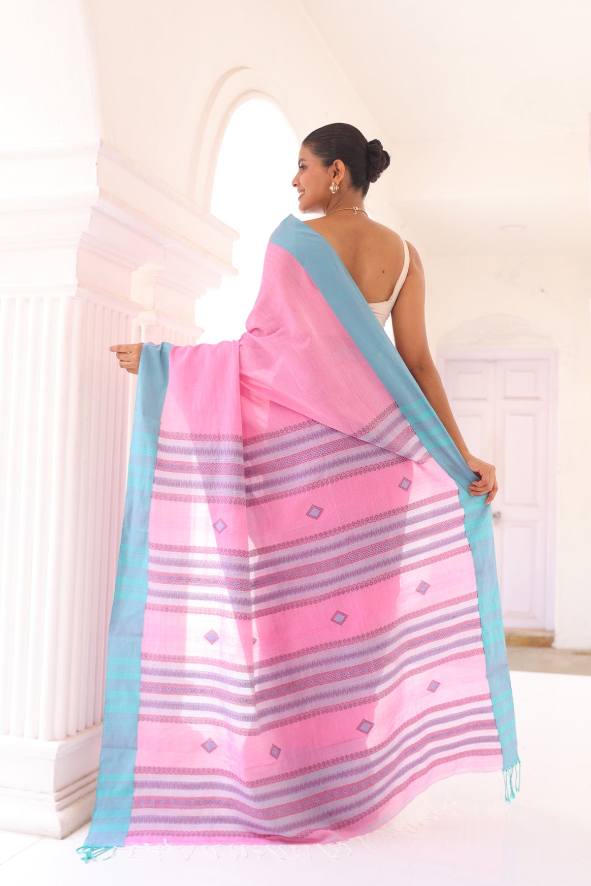 Pink Assam Cotton Handweaving Saree with blouse piece