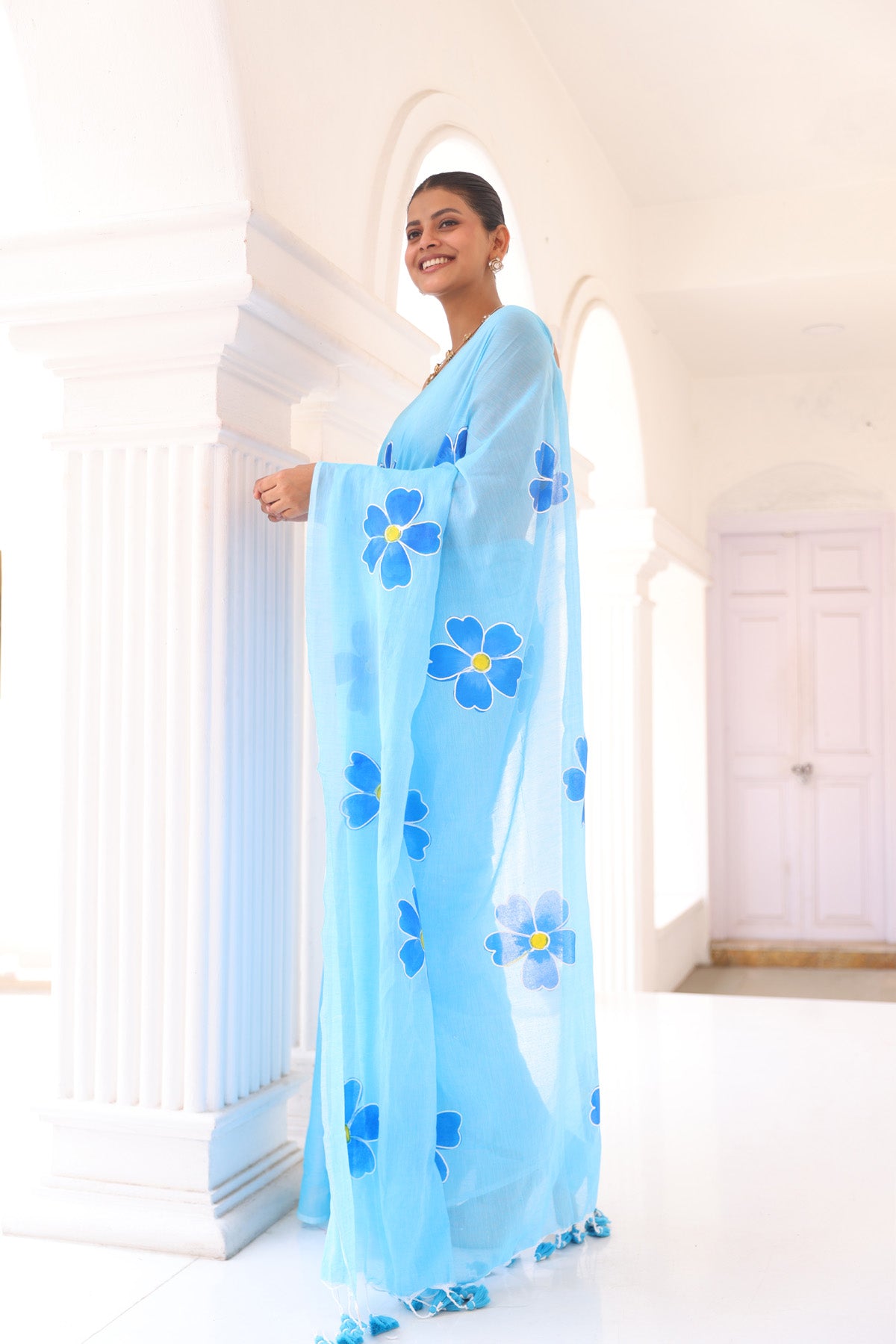 Sky blue hand Printed Mul Mul Cotton Saree
