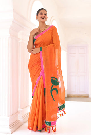 Orange embroidery Pure Mulmul Cotton Saree