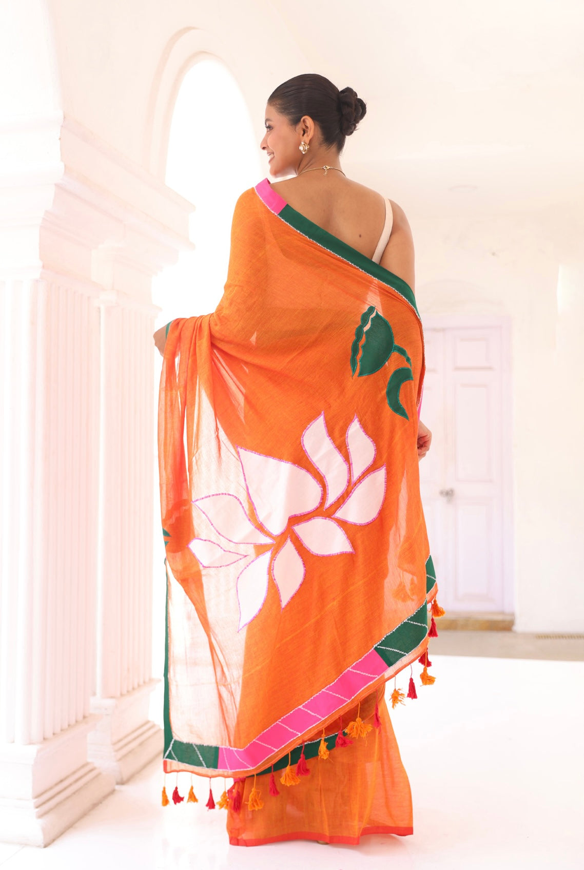 Orange embroidery Pure Mulmul Cotton Saree