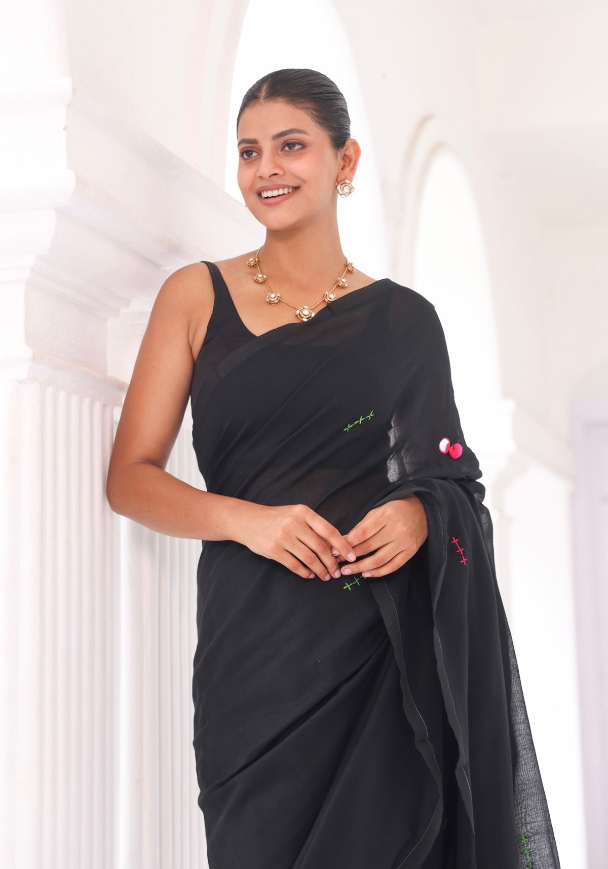 Black mul Cotton Mirror Work Weaving Pompom Saree-Black