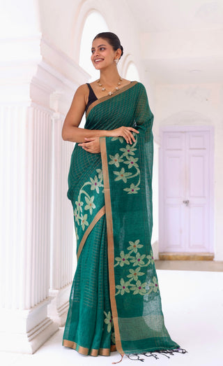 Forest Green floral golden zari check Linen Saree with blouse piece