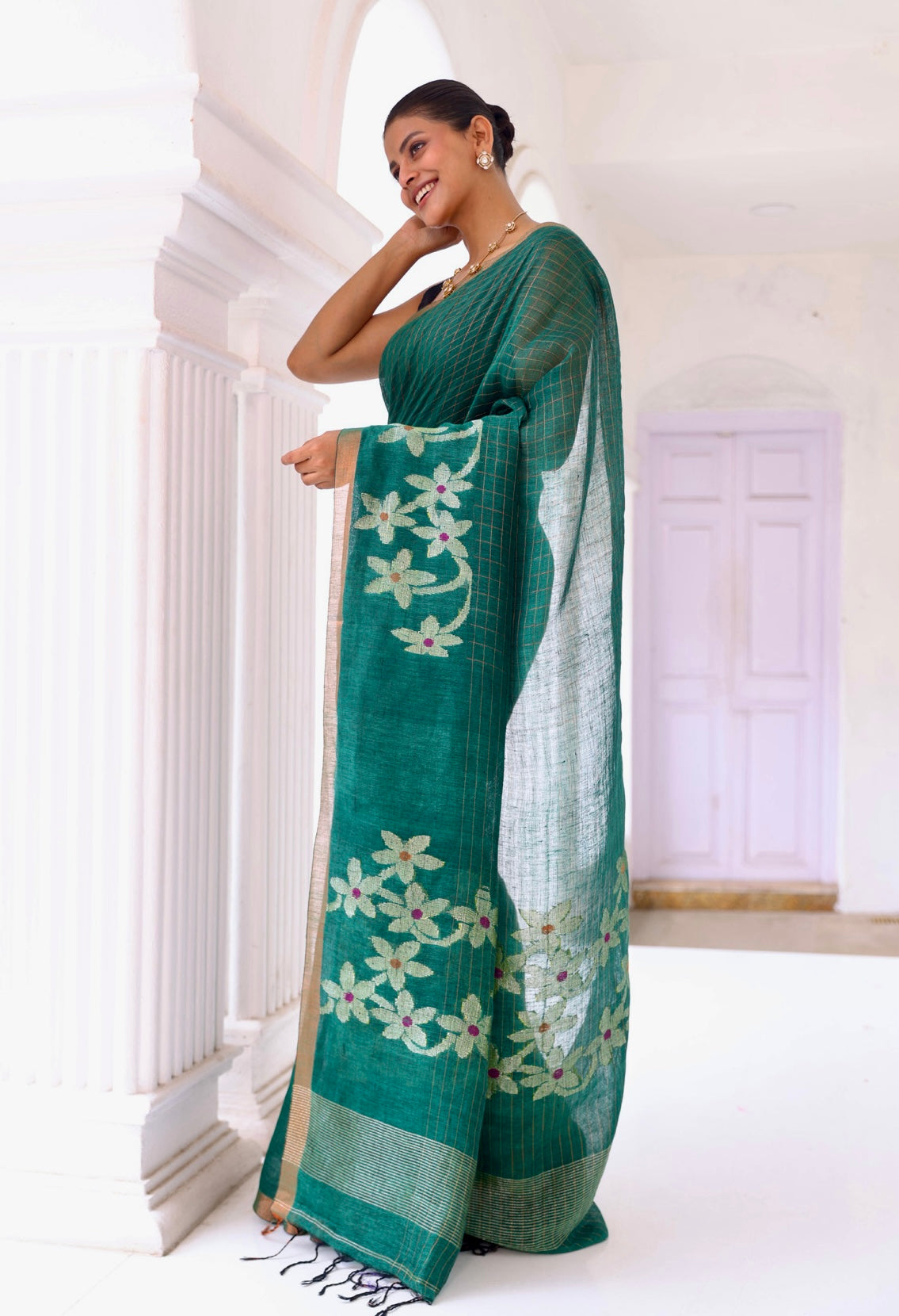Forest Green floral golden zari check Linen Saree with blouse piece