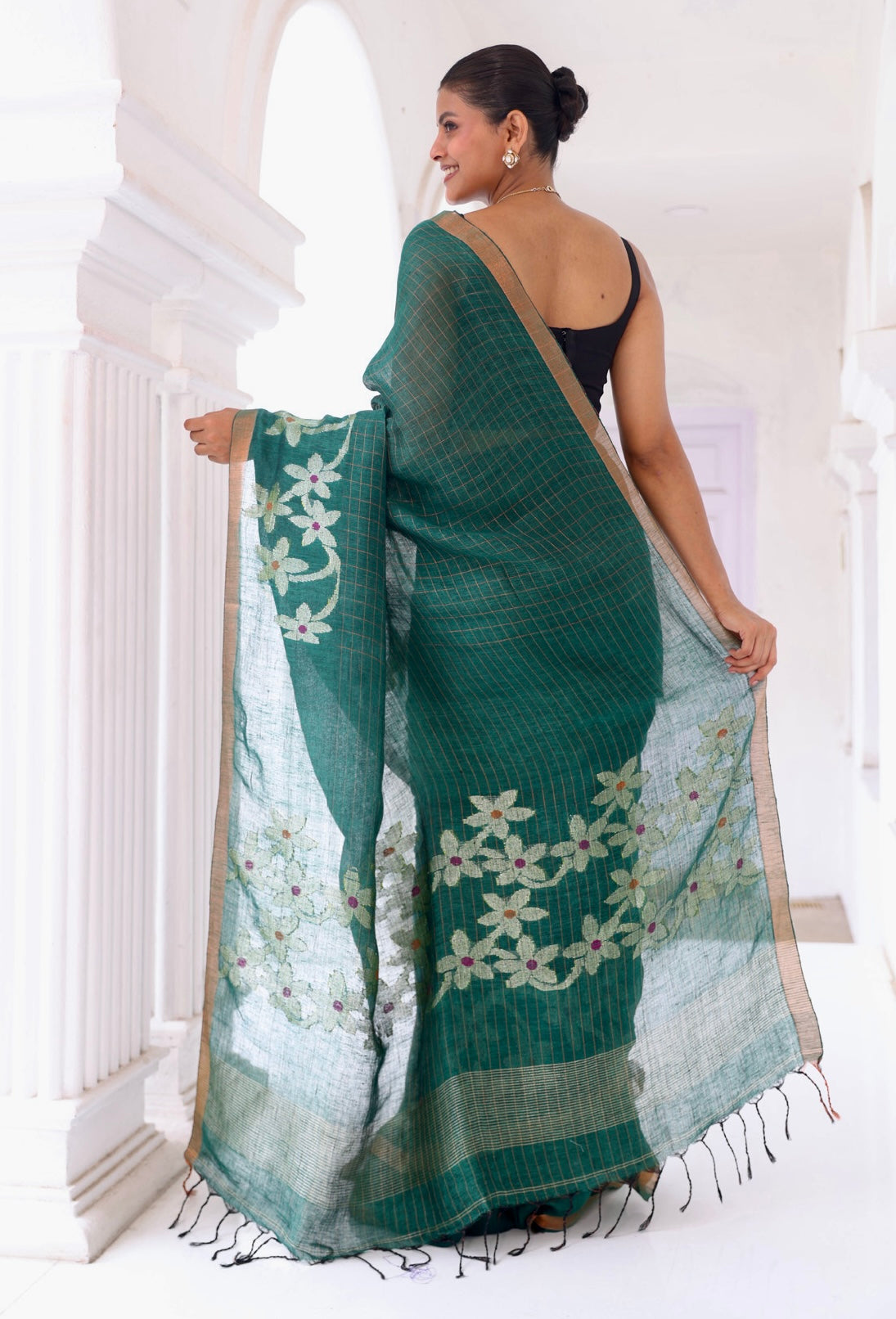 Forest Green floral golden zari check Linen Saree with blouse piece