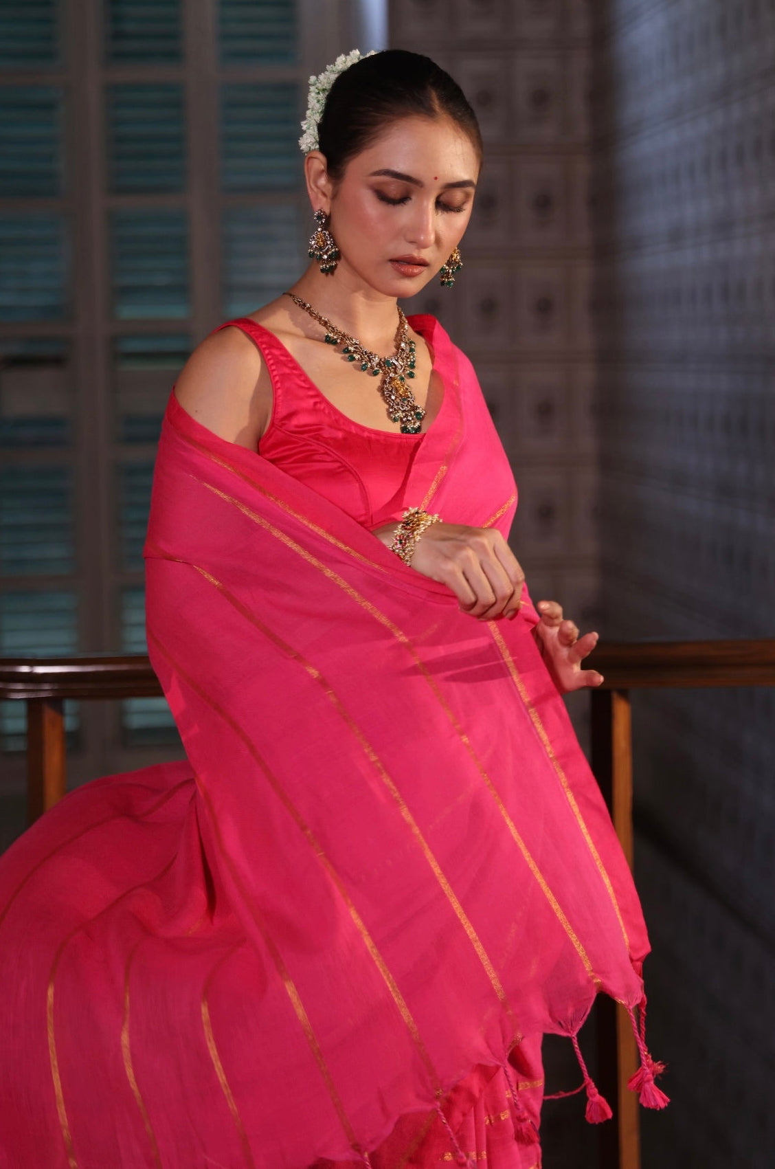 Rani golden stripes soft cotton saree with blouse piece