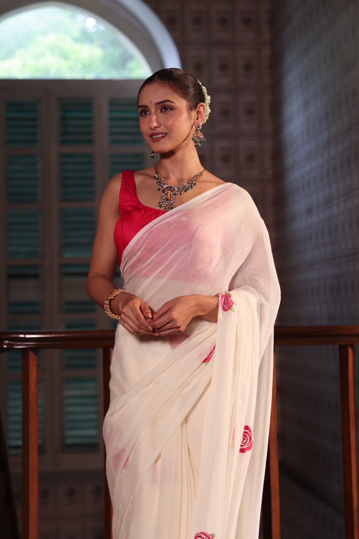 White rose Embroidered Mul Mul Cotton Saree
