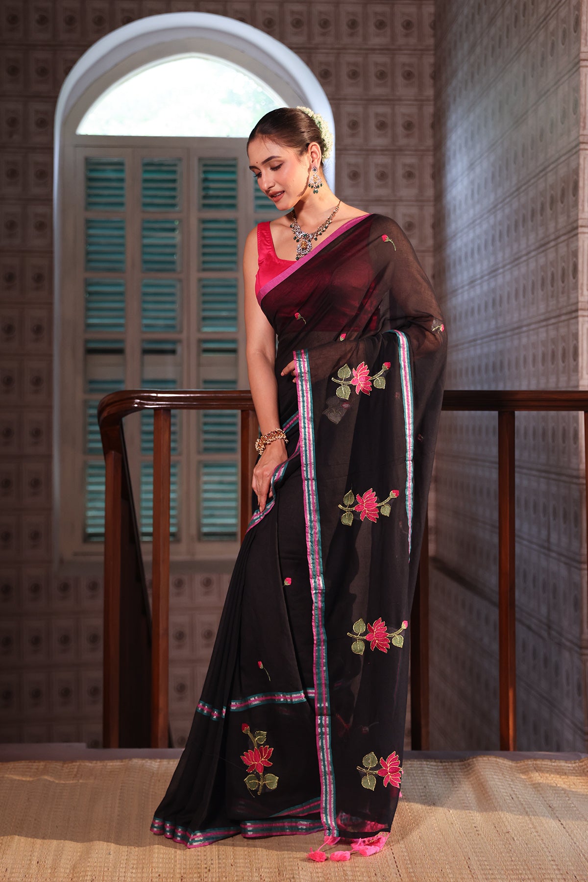 Black lotus embroidery mulmul cotton saree with blouse piece