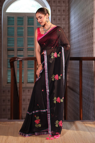 Black lotus embroidery mulmul cotton saree with blouse piece