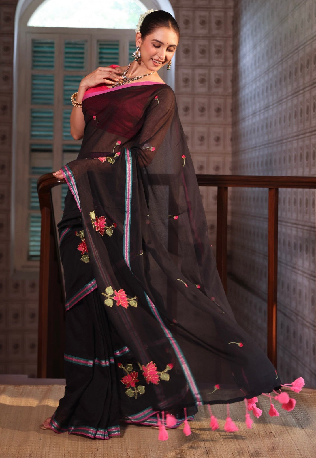 Black lotus embroidery mulmul cotton saree with blouse piece
