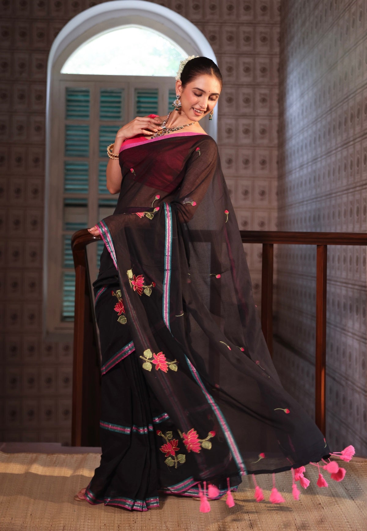 Black lotus embroidery mulmul cotton saree with blouse piece