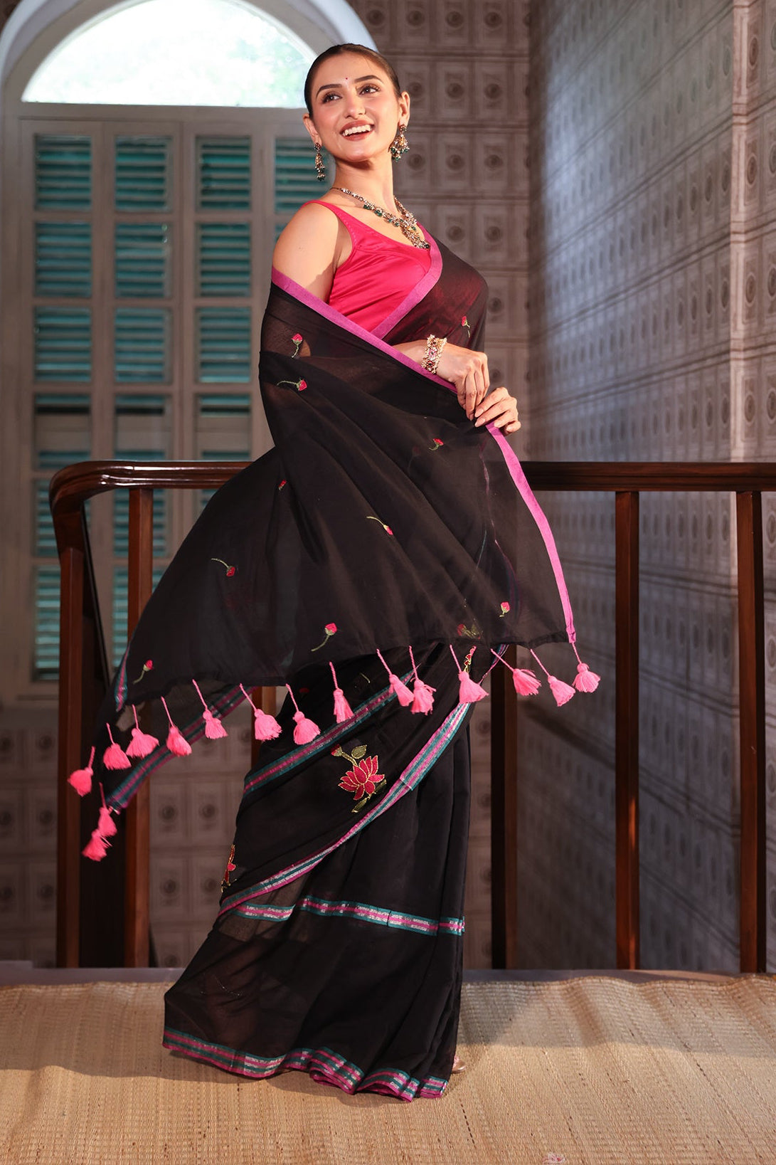 Black lotus embroidery mulmul cotton saree with blouse piece