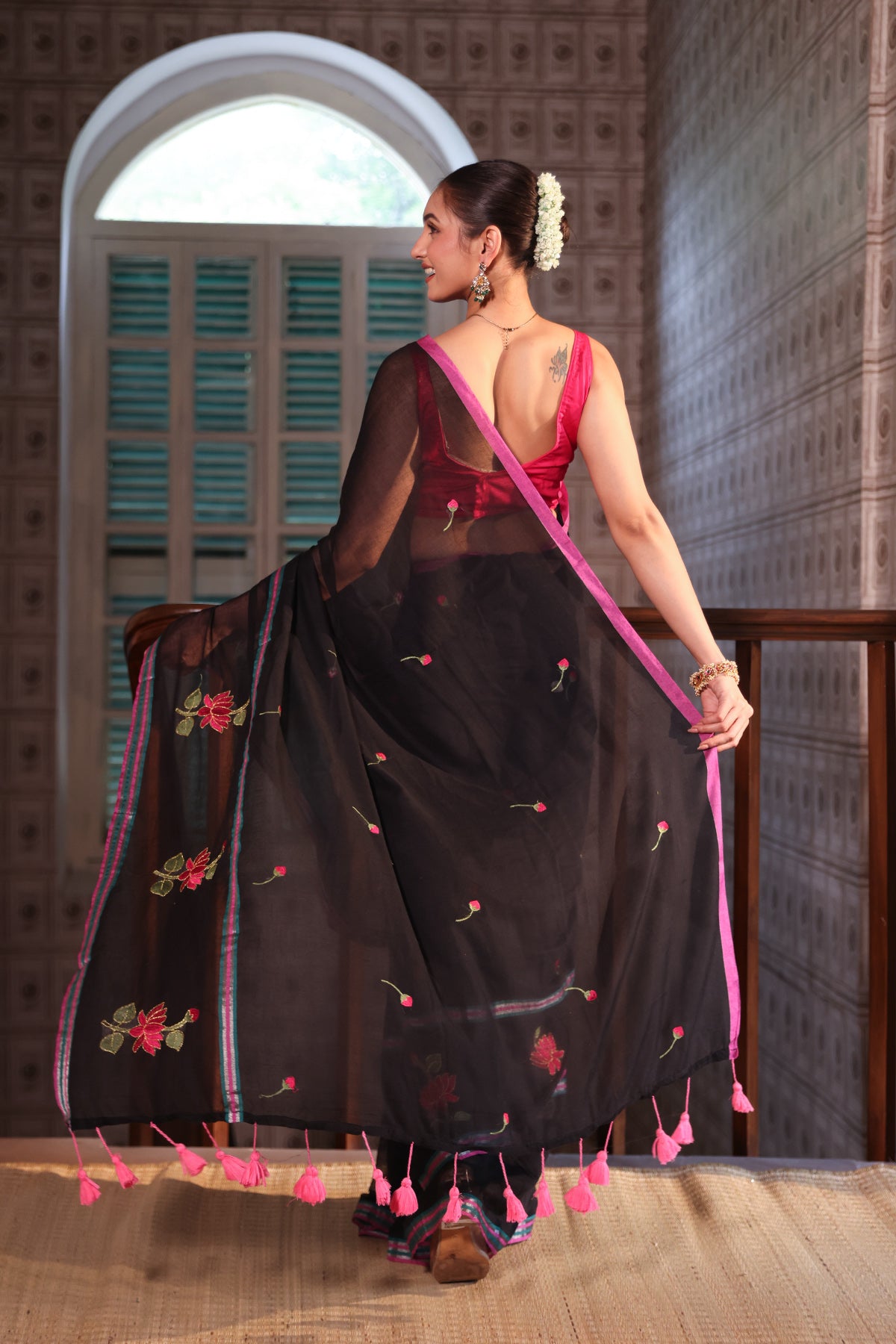 Black lotus embroidery mulmul cotton saree with blouse piece