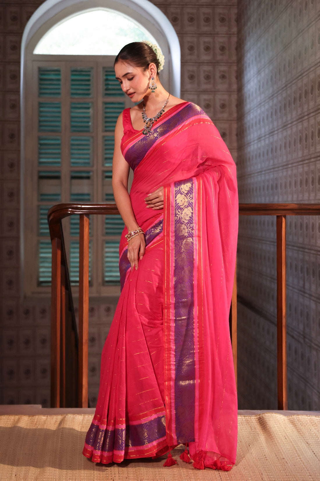 Rani golden zari stripes Mulmul Cotton Saree with with contrast Blouse Piece