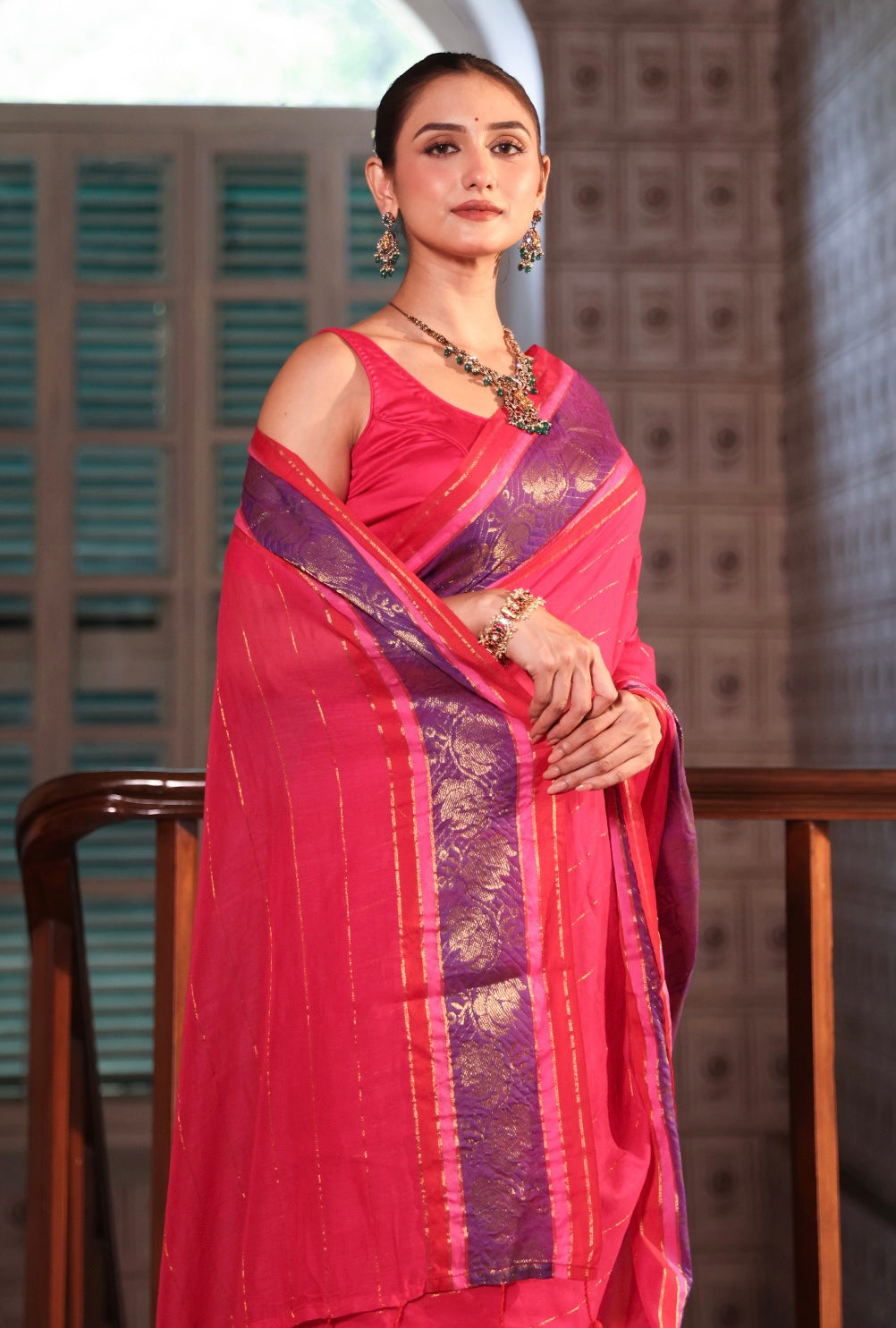 Rani golden zari stripes Mulmul Cotton Saree with with contrast Blouse Piece