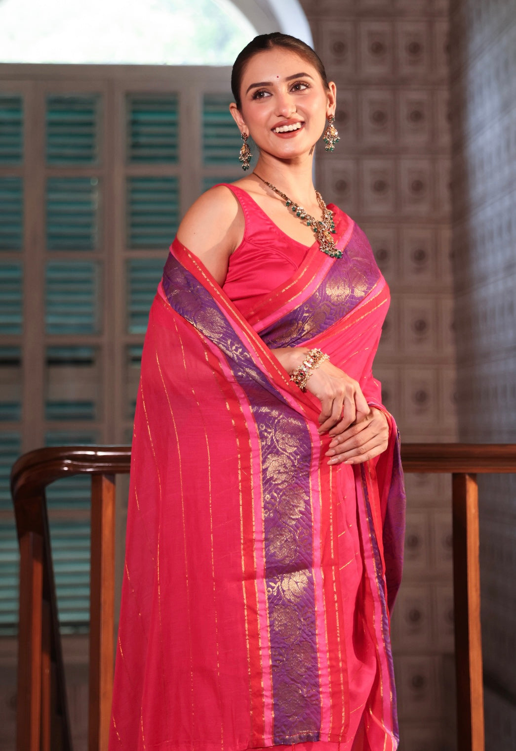 Rani golden zari stripes Mulmul Cotton Saree with with contrast Blouse Piece