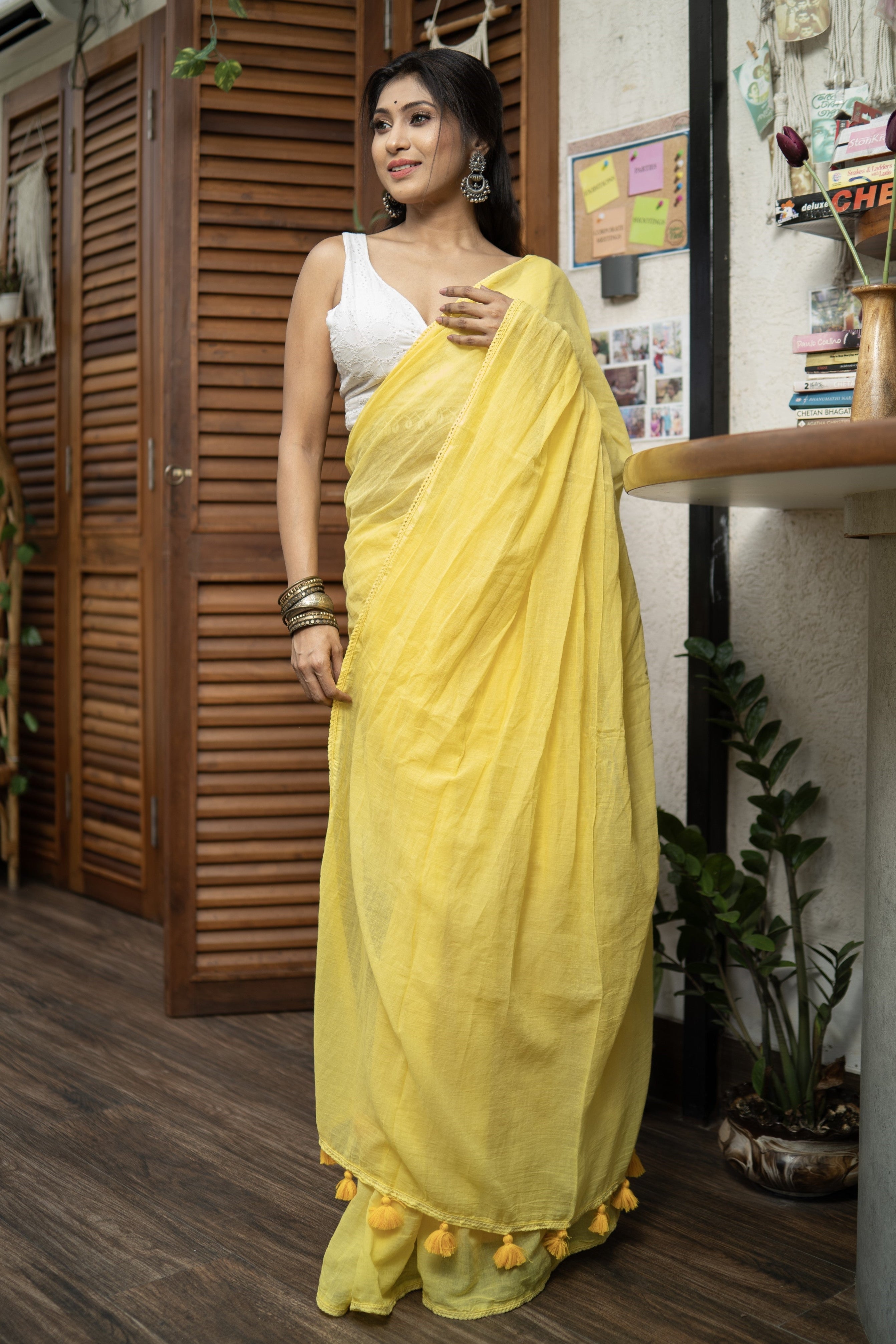 Yellow Mul Mul Cotton Saree with Embroidered Lace