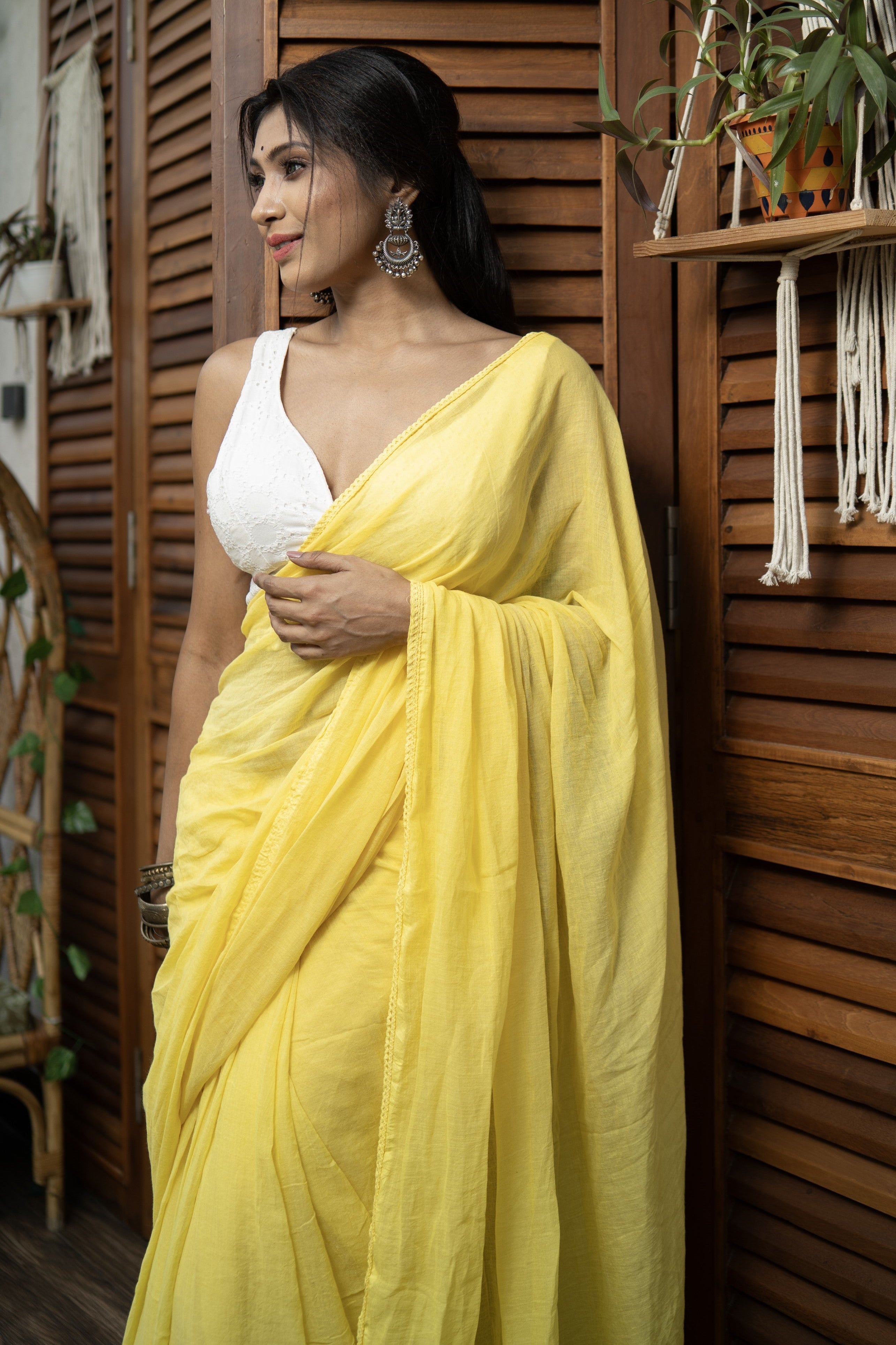 Yellow Mul Mul Cotton Saree with Embroidered Lace